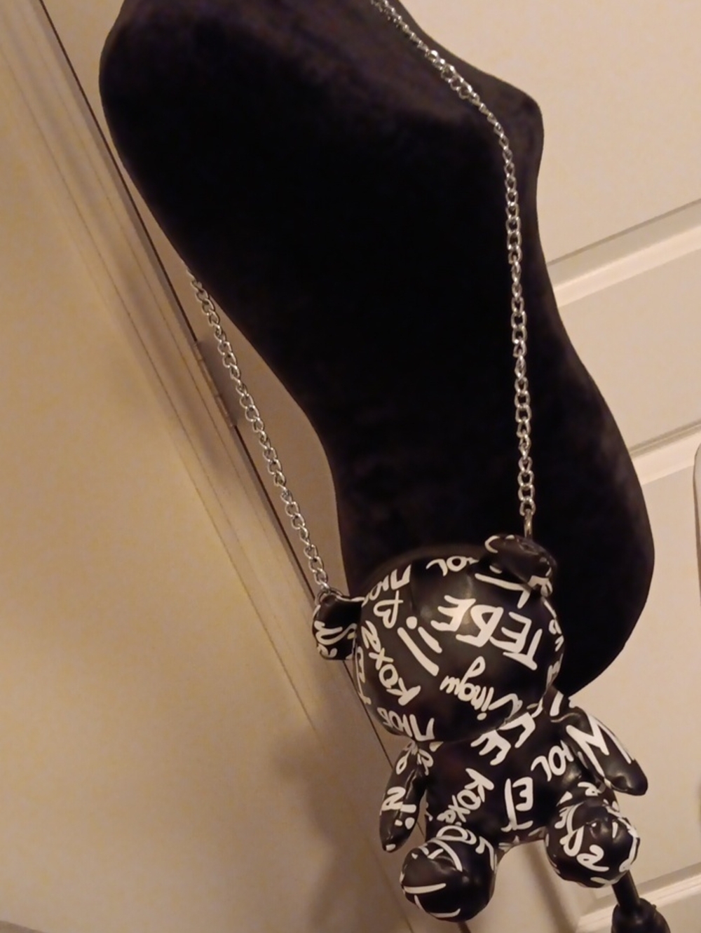 Black Graffiti Bear Mini Letter Crossbody Bag with Silver Chain